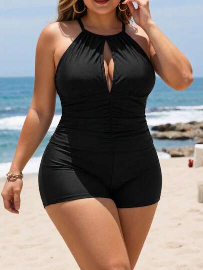 Swim Lushoire Plus Size Women's New Solid Color Two Pieces Swimsuit, Adjustable Straps, Removable Pads, Halter Neck Hollow-Out Bust, High-Waisted Ruched Bottoms, Elegant Slimming Beach Swimwear