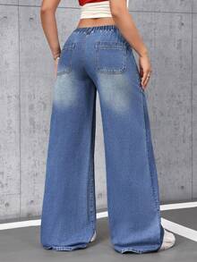SHEIN Tall Quần jeans nữ ống rộng, cạp chun, có túi, dáng rộng, thoải mái, kiểu dáng thường ngày. - Màu xanh lam - Xem 2
