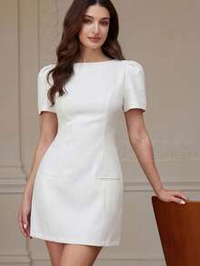 Aveloria Rosie Đầm ngắn tay màu trơn, thiết kế thời trang, xếp ly, có túi, kiểu dáng thường ngày. - trắng - Xem 3
