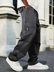 Manfinity CasualCool Men's Solid Color Drawstring Waist Casual Everyday Cargo Pants - Flint Stone - View 3
