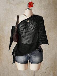 SHEIN ICON Áo dệt kim dáng rộng, màu trơn, cổ lệch, chất liệu voan mỏng, có tua rua dành cho nữ, cỡ lớn. - màu đen - Xem 4