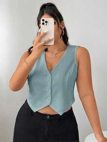 SHEIN EZwear Plus Size Black Simple Fitted Dress Vest, Formal Business Attire Graduation,Back To School,Teacher Outfits For Women In Fall/Winter - Mint Green - View 1