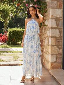 KARISMINA 女士春夏时尚休闲优雅日常浪漫度假柔软多层印花露背蓝色连衣裙，婚礼宾客礼服 - 藍白色 - 查看 4