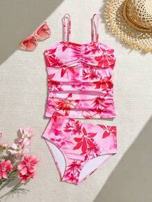 Bañador de tankini de punto con estampado floral tropical para niñas, bañador para niñas, bañador floral rosa, bañador para adolescentes, bañador tropical floral rosa para niñas preadolescentes, bañador rosa para niñas, bañador casual de verano con estampado de flor de hibisco para niñas, bañador de tankini rosa con volantes para niñas, bañador floral rosa para niñas, bañador con estampado floral para niñas, bañador con estampado de hibisco para niñas - Rosa - Ver 1