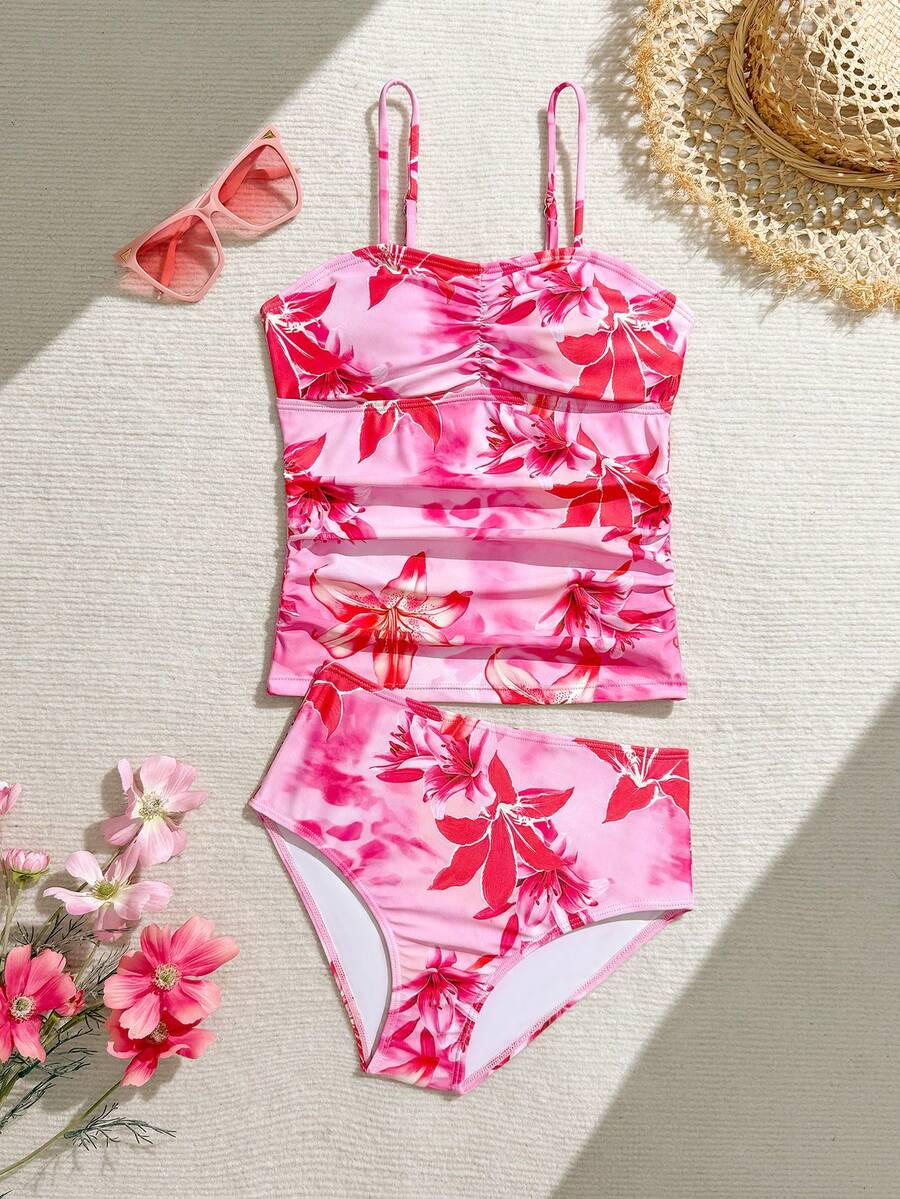 Bañador de tankini de punto con estampado floral tropical para niñas, bañador para niñas, bañador floral rosa, bañador para adolescentes, bañador tropical floral rosa para niñas preadolescentes, bañador rosa para niñas, bañador casual de verano con estampado de flor de hibisco para niñas, bañador de tankini rosa con volantes para niñas, bañador floral rosa para niñas, bañador con estampado floral para niñas, bañador con estampado de hibisco para niñas - Rosa - Ver 1