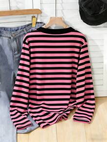 Tween Girls Black & Pink Striped V-Neck Short Sleeve T-Shirt, Suitable For Spring & Summer, Graphic Tee, Casual & Comfortable, Family Outing Season, Elegant Wear, Back To School Essential, Home Refresh, Effortless Sports, Basic Style, Daily Kids Fashion - Multicolor - View 2