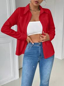 Airaco 女士休闲领口袋修身白色长袖衬衫女式衬衫 - 紅色 - 查看 5