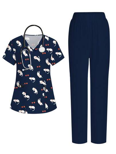PopScrub 猫咪樱桃印花V领短袖口袋耳挂开衩设计两件套女装，春夏护士服，休闲套装，猫咪爱好者服装，藏蓝色裤子