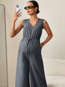 MaterniWear 孕妇夏季休闲纯色无袖阔腿连体裤 - 灰色 - 查看 7