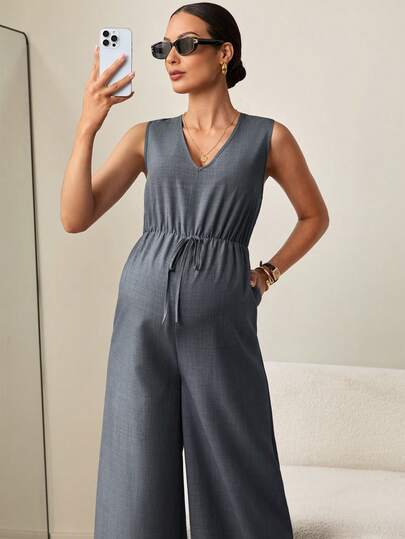 MaterniWear Bộ áo liền quần bầu mùa hè dáng rộng, màu trơn, không tay, ống rộng, kiểu dáng thường ngày.