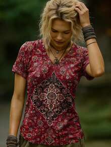 2026年新款大码女装春夏复古时尚休闲百搭酒红色V领短袖印花T恤，适合春夏穿搭 - 彩色 - 查看 5