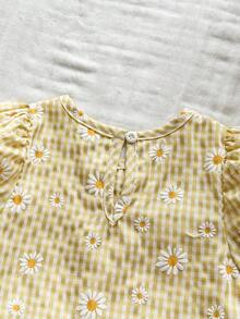 SHEIN Baby Girls' Blouse With Unique Floral Fabric Texture, Countryside Vacation Style, Cute & Fashionable, Comfortable For Spring/Summer, Bow Decor - Yellow - View 7