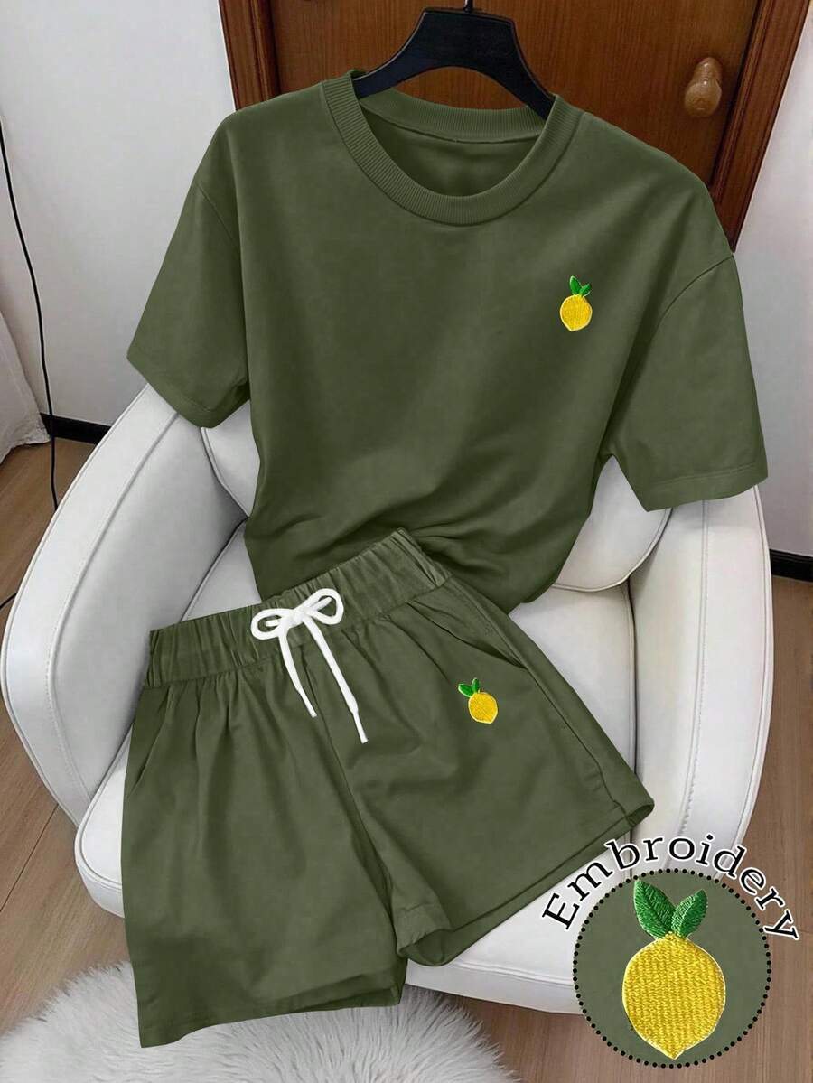 Airaco Plus Size Summer Casual Lemon Embroidery Round Neck Short Sleeve T-Shirt And Shorts 2-Piece Set - Army Green - View 1