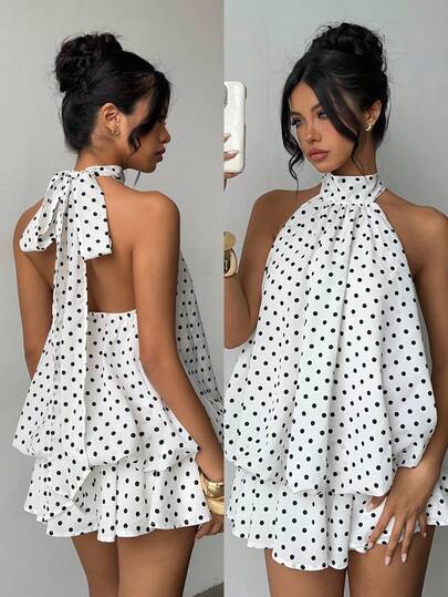 Summer Clothes Tween Girls' Fashionable Polka Dot Print Backless Short Dress Squishy Dress Polka Dot Dress