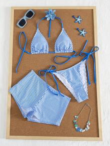 Swim Mod Women's Summer Striped Print Halter Bikini & Briefs 3-Piece Swimsuit Set - Blue and White - View 2