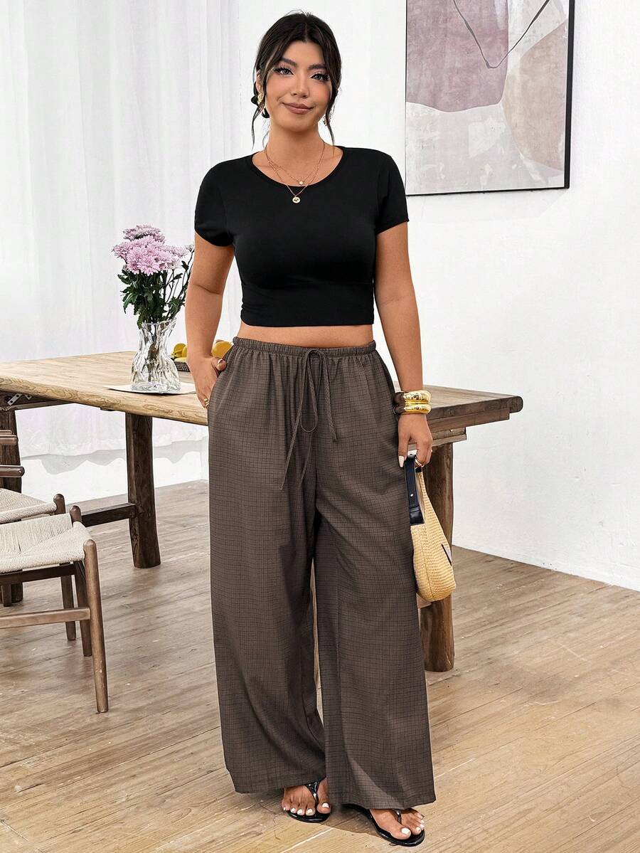 Lounesse Plus Size Women Loose Casual Wide Leg Pants With Tie Waist Wide Pants For Women Casual Outfit For Women - Apricot - View 1