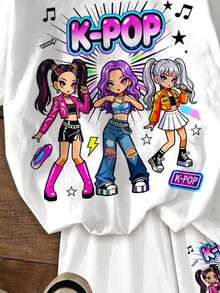 Set de 2 piezas de camiseta y pantalones cortos con estampado de personajes de dibujos animados para niña, adecuado para el verano - Multicolor - Ver 7
