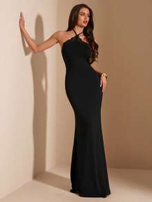 SHEIN BAE Đầm dệt kim dáng đuôi cá cổ yếm viền ren đen dành cho nữ, thích hợp cho mùa xuân/hè. - màu đen - Xem 4