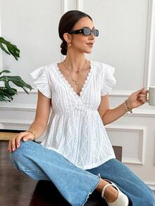 SHEIN Frenchy 夏季海滩度假提花针织荷叶袖T恤 - 白色 - 查看 7