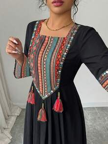 Yasmyna Đầm nữ thanh lịch in họa tiết, cổ vuông, thắt eo. - màu đen - Xem 3