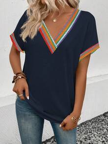 EMERY ROSE Women's Spring/Summer New Contrast Color Retro Printed V-Neck Short Sleeve Cuffed Casual Versatile T-Shirt - Multicolor - View 5