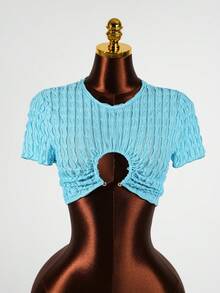 Lyxana Women's Fashion Round Neck Special Fabric Metal Buckle Pleated Cropped Short Sleeve T-Shirt, Suitable For Casual Outings, Music Festivals, Parties - Blue - View 8