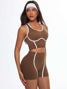 Glamine Women's Brown Seamless 2 Piece Set, Sports Bra Crop Top And High Waist Biker Shorts, White Contrast Trim, Stretchy Ribbed Workout Yoga Gym Activewear, Brown Workout Sets Women, Athletic Two Piece Set, Brown Sports Bra And Shorts Set, Brown Athletic Set, Brown Activewear Set - Coffee Brown - View 6