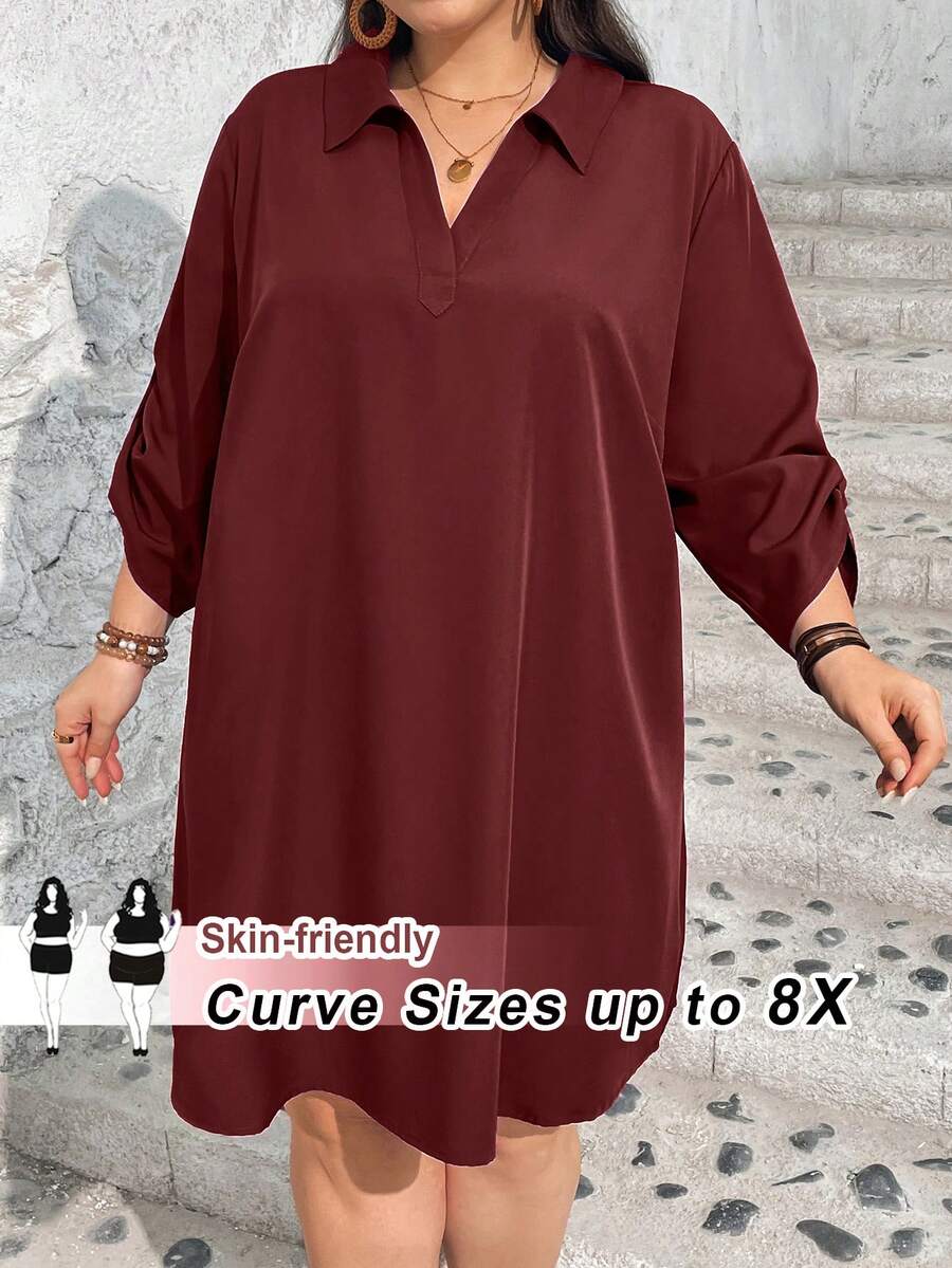 SHEIN CURVE+ 加大码女装/情人节/万圣节彩色格子印花长袖衬衫领连衣裙，情人节连衣裙，情人节，玫瑰，心形，波点，爱心，嘴唇，丘比特，3D花朵 - 中紫紅色 - 查看 1