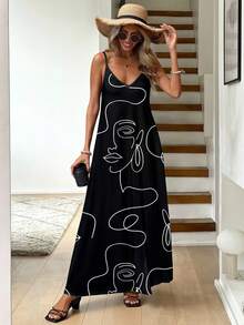 Easowa Đầm dài nữ in họa tiết chân dung, chất liệu co giãn, kiểu dáng thoải mái và thời trang, phù hợp cho mùa hè, phong cách bohemian, thích hợp đi chơi, đầm thanh lịch, đầm thường ngày. - Nhiều màu - Xem 2