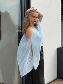 Jeta Ari 女式插肩袖不对称领修身休闲/办公风格衬衫，春夏 - 淺藍色 - 查看 6