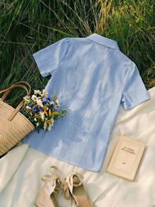 Franclia Blusa de manga corta con cuello bordado a rayas azules, versátil para uso casual y diario - Azul - Ver 2