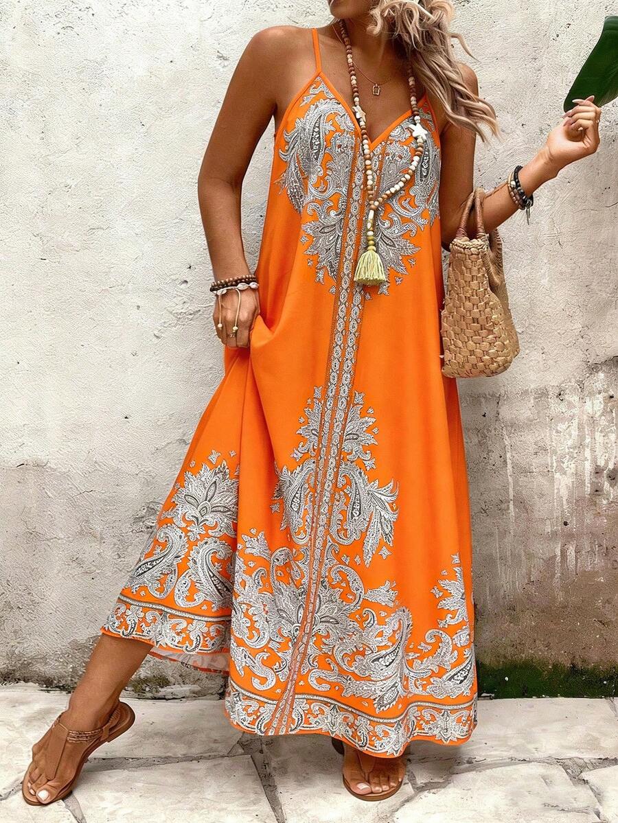 Breezaya Plus Size Women's Loose Casual Orange Floral Print Spaghetti Strap Dress,Summer Boho Vacation Holiday Bohemian Beach Beach Vacation Outfit Resort - Orange - View 1
