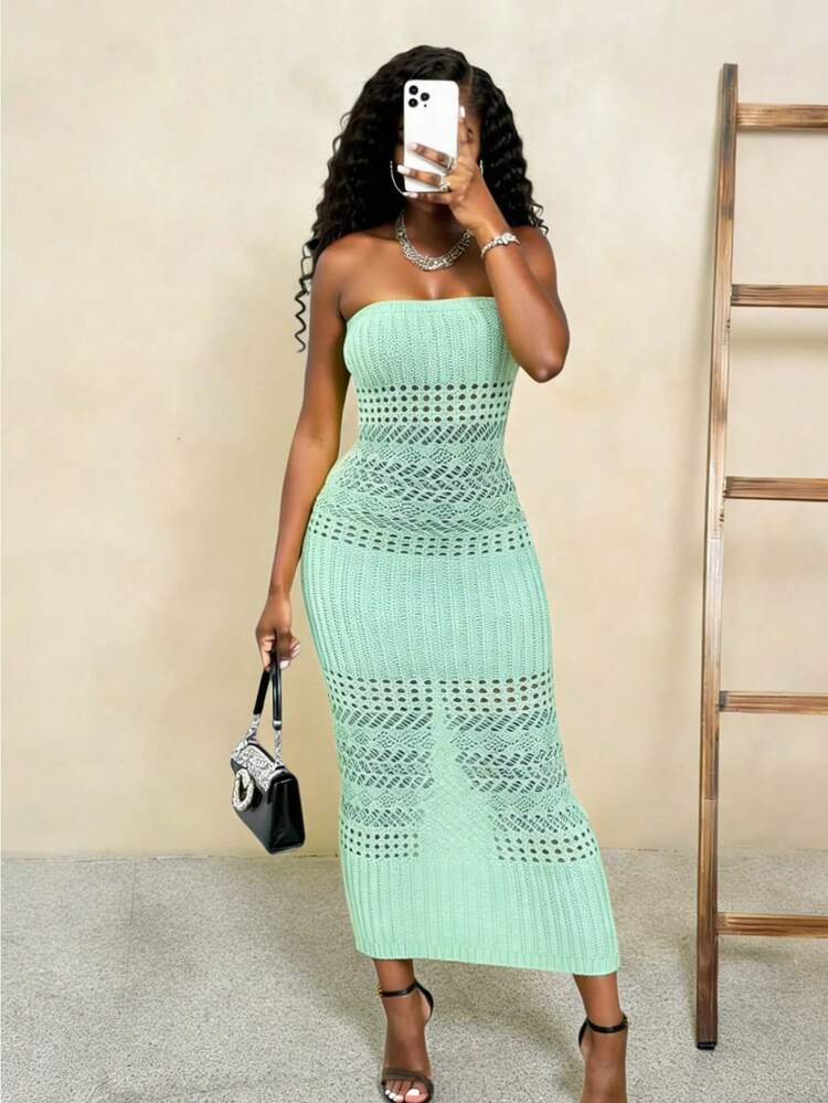 mint green crochet dress BamGleam Women's Chic Elegant Summer Vacation Mint Green Crochet Maxi Dress,  Luxurious Minimalist Hollow-Out Strapless Bodycon Knit Long Dress