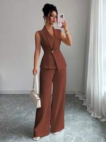 Elenzga 女款鐵鏽棕色夏季優雅辦公兩件套西裝套裝，領口不對稱下擺無袖西裝外套，金屬腰扣彈性長褲套裝 - 鏽棕色 - 查看 6