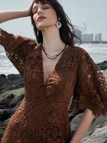 Aveloria Modichic Water-Soluble Embroidered V-Neck Flared Sleeve Mini Dress - Brown - View 2