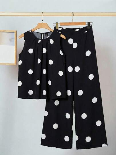 SHEIN Clasi Plus Size Women's 2 Piece Set, Elegant Black & White Polka Dot Sleeveless Top And Long Pants, Versatile Daily Wear Office Attire For Women Work Outfits For Women Work Tops For Women Carnival Costume Carnival Women Look 2026 Women Carnival Costume Carnival Outfit Carnival Costume For Women Women's Carnival Costume Summer Outfits For Women Summer Clothes Summer Vacation Outfits Summer Outfits For Woman Summer Clothes Women Shirts Suitable For Various Occasions, Such As: Commuting To Work, Casual Wear At Home, Going For A Walk, Visiting Neighbors And Friends, And Shopping.