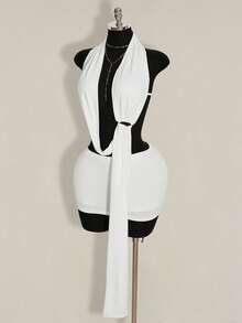 SHEIN ICON Asymmetrical Halter Backless Tank Top & Mini Skirt 2 Pieces Set For Women - White - View 3