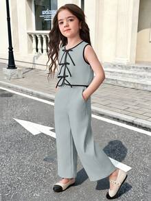SHEIN 两件套女童针织纯色无袖上衣和迷你裙套装 - 青碧色 - 查看 10
