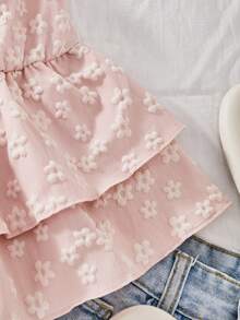 Sparklyn Áo kiểu dáng rộng rãi, thoải mái dành cho bé gái tuổi teen, kiểu áo hai dây, chất liệu độc đáo, thêu hoa 3D màu vàng, viền bèo nhún đôi, kiểu dáng mùa xuân/hè tươi mát, đa năng. - Hồng - Xem 7