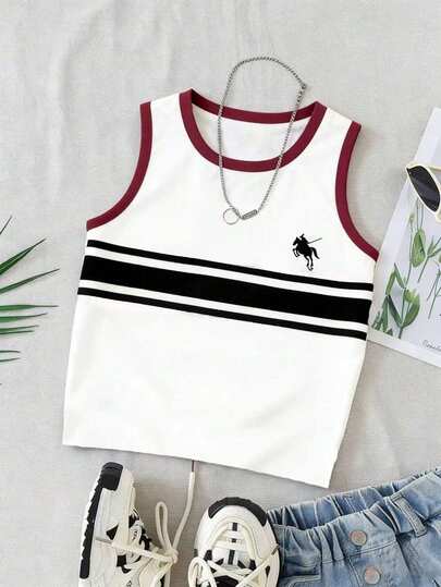 Tween Girls Digital Horse Stripe Print Vest, Casual & Comfortable Spring/Summer, Fashion, Suitable For Outdoor Activities, Picnics, Street Photography, Home, School, Festivals, Gifts
