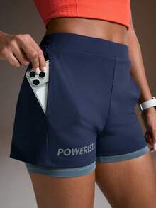 Powerista Letter Print Elastic Waist Slant Pocket Casual Sports Shorts - Blue - View 2