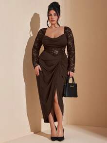SHEIN BAE Đầm midi dài tay cổ chữ V xẻ sâu bằng satin phối ren hoa xếp nếp dành cho nữ cỡ lớn, màu đen, thanh lịch, cổ điển, thích hợp cho các buổi tiệc, cocktail, Giáng sinh và Ngày Valentine. - màu nâu - Xem 1