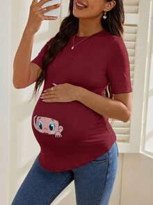 SHEIN T-shirt med rund hals och kort ärm och tecknad print för gravida - Bourgogne - Visa 8
