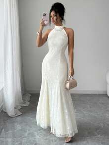 Elenzga Đầm chữ A không tay, ren, thanh lịch, lãng mạn, ôm sát, thích hợp cho các bữa tiệc, họp mặt, du lịch quê, đám cưới. - Màu be - Xem 6