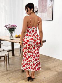 Lounesse Đầm ôm sát eo dây rút cỡ lớn dành cho nữ, đầm in hoa cỡ lớn, đầm gợi cảm lãng mạn cỡ lớn, đầm công sở in hoa hồng cỡ lớn. - Nhiều màu - Xem 2