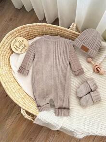 SHEIN 新生女婴可爱针织连体衣，带连脚裤和帽子套装，适合秋冬季 - 卡其色 - 查看 2