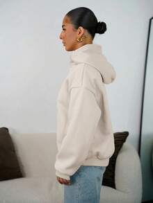 SAYEHFBABY Summer Outfits Women's Simple Casual Solid Green Color Pullover Hooded Long Sleeve Sweatshirt Without Drawstring Oversize - Apricot - View 4