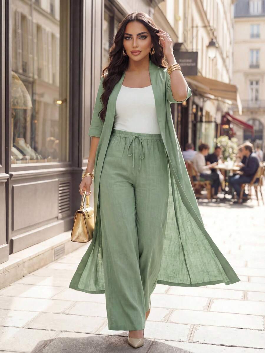 Auveirra Women's Elegant, Casual, Commuting, Vacation, Simple, Solid Color Long Cardigan Jacket And Loose-Fitting Straight-Leg Trousers Two Pieces Set Four - Green - View 1