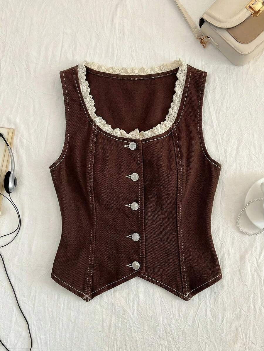 Elamini Áo hai dây denim wash ren ngọt ngào thời trang - màu nâu - Xem 1