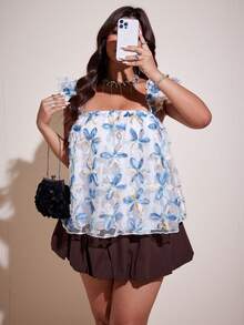 Viva Relle Áo camisole xếp ly họa tiết hoa 3D màu xanh dương và trắng dành cho nữ cỡ lớn - Nhiều màu - Xem 6